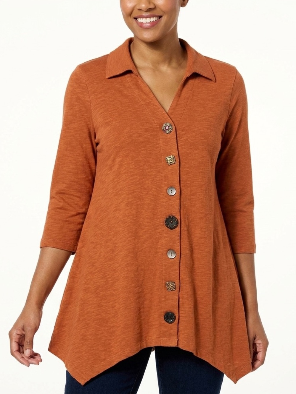 Soft Surroundings Top S Rust Button Up Tunic Boho Artsy Lagenlook Casual Flowy